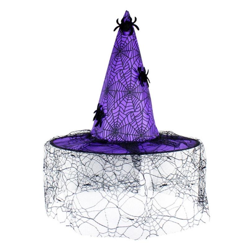 Wicked Witch Hats for Women Halloween Hat with Lace Veil Spiders Web Decors