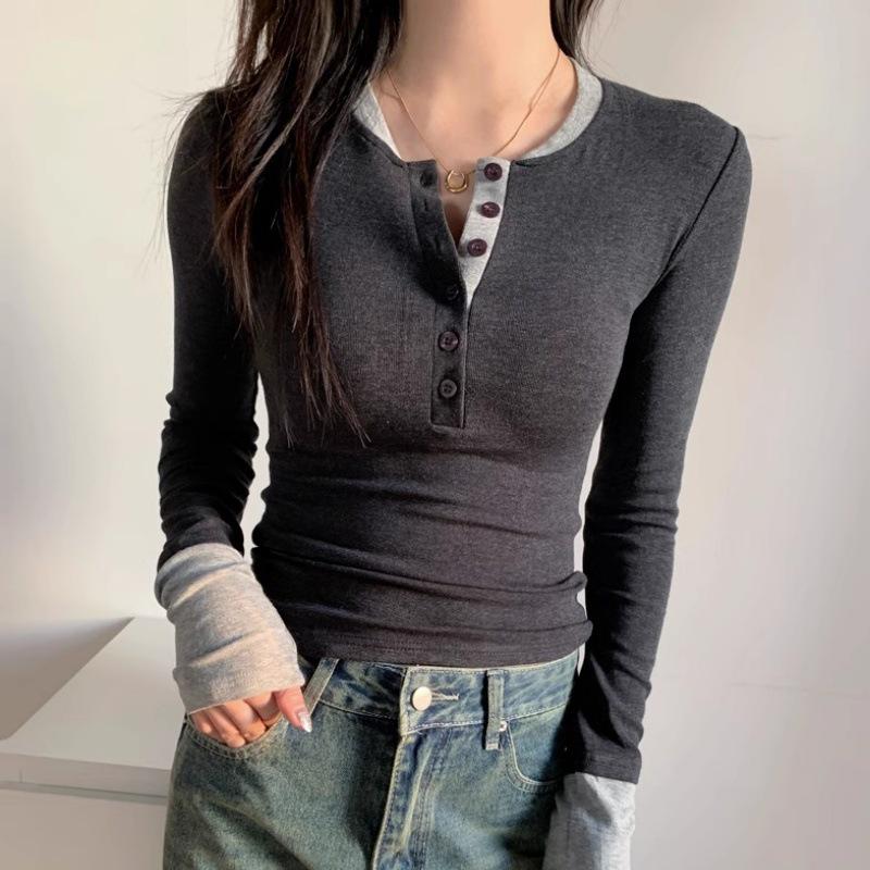 

Color Block Two-Piece Design Layered Shirt - Age-Reducing Long Sleeve Top for Women M (95-105 kg) чёрный