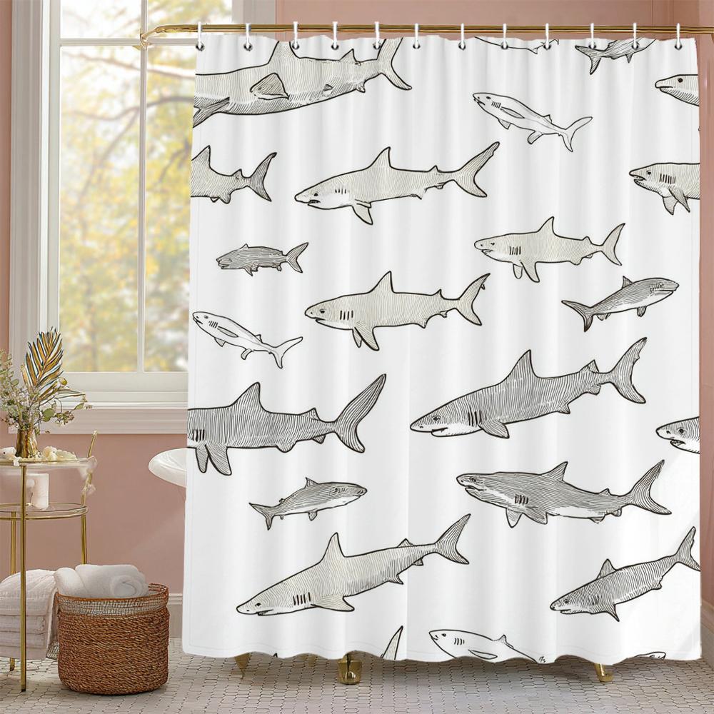 Schwarz Weiß Grau Minimalistische Haie, Schildkröten, Oktopus, Fische Duschvorhang, Dekorative Badezimmer-Duschvorhänge, mit Haken