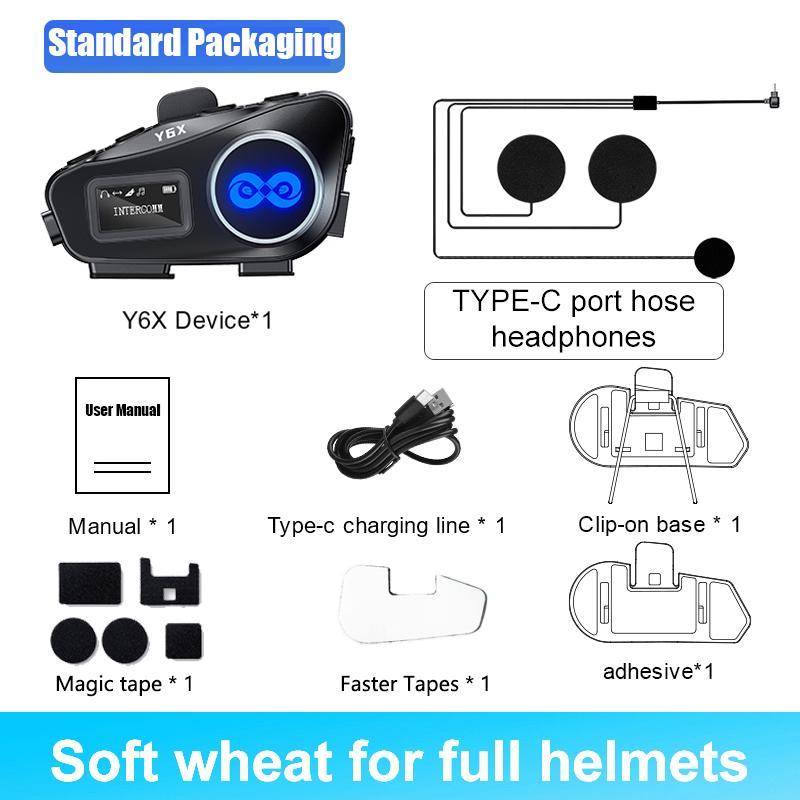 Y6X Motorcycle Bluetooth Helmet Intercom Headset Wireless V5.1 Music Share Noise Reduction FM Radio IP56 Waterproof LED Lighting