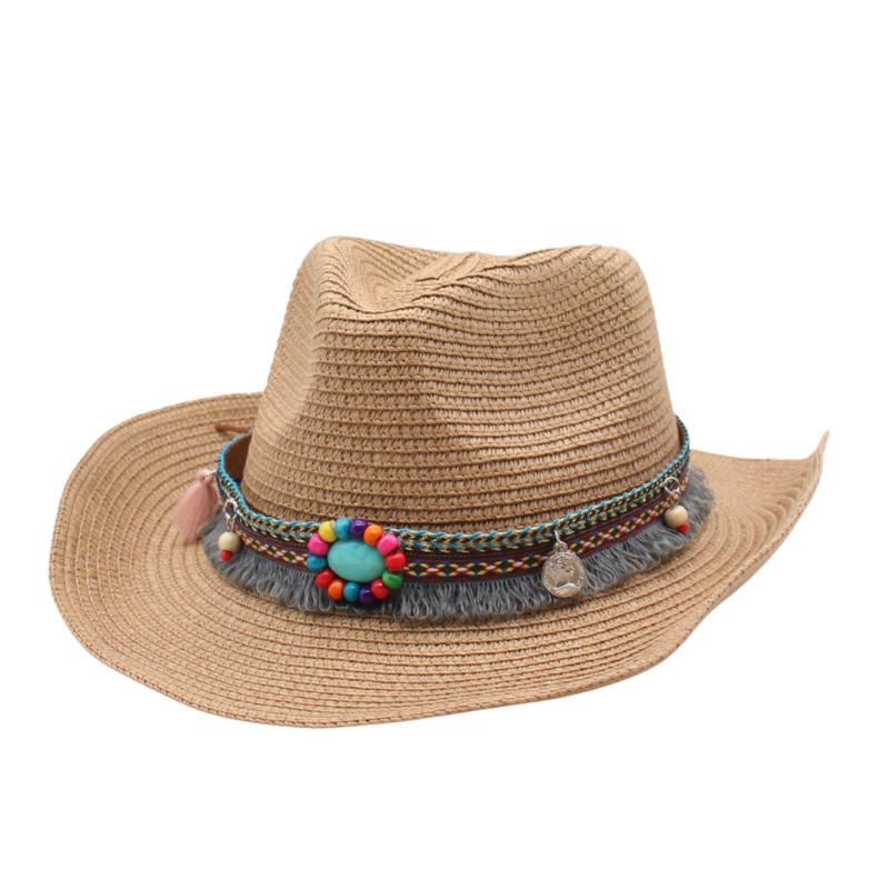 Cowboy Straw Hat Women's Summer Travel Sun Protection Visor Year New Ethnic Style Jazz Hat Big Brim Beach Hat