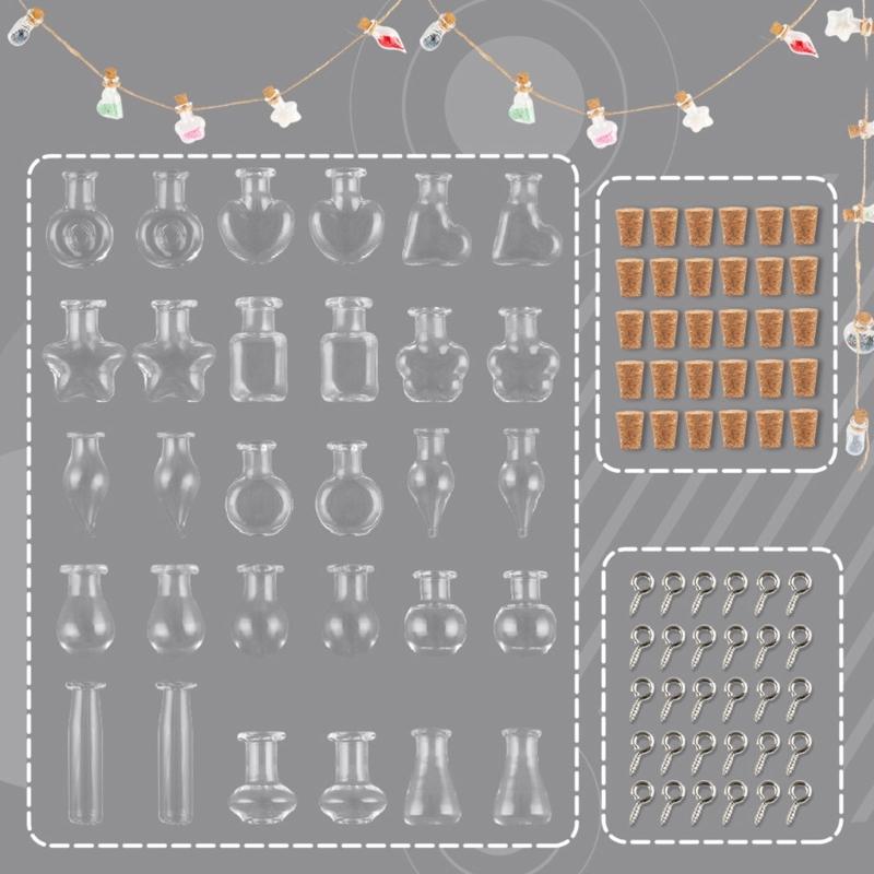 Set of 30 Different Designs Glass Bottle Ornament with Cork Stoppers and Nail Hooks for Crafting and Decoration