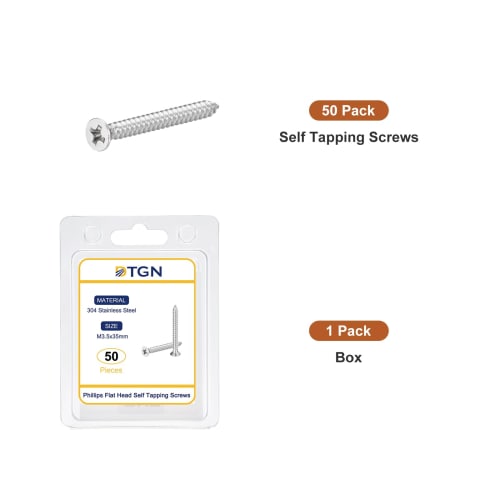 DTGN 50pcs M3.5x35mm Flat Head Wood Screws, 304 Stainless Steel Cross Head Self-Adhesive Nails - Suitable for Woodworking and Furniture - Silver