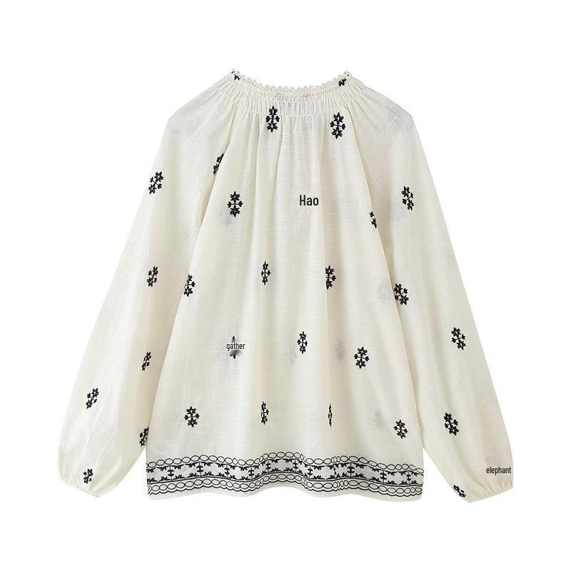 Spring/Summer 2025 Women's Casual Embroidered Long Sleeve Tie-Up Shirt 4387051