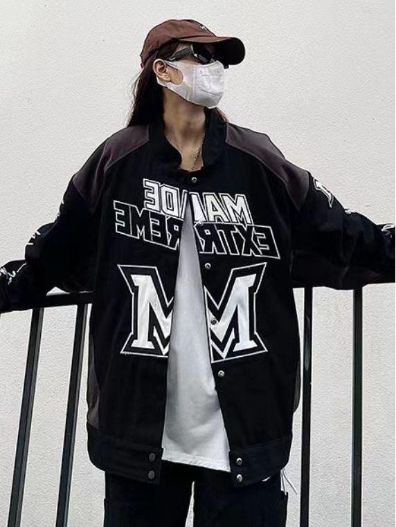 American Retro Racing Motorcycle Jacket: Unisex, Bold Color Block Design, Street Style, Loose Fit