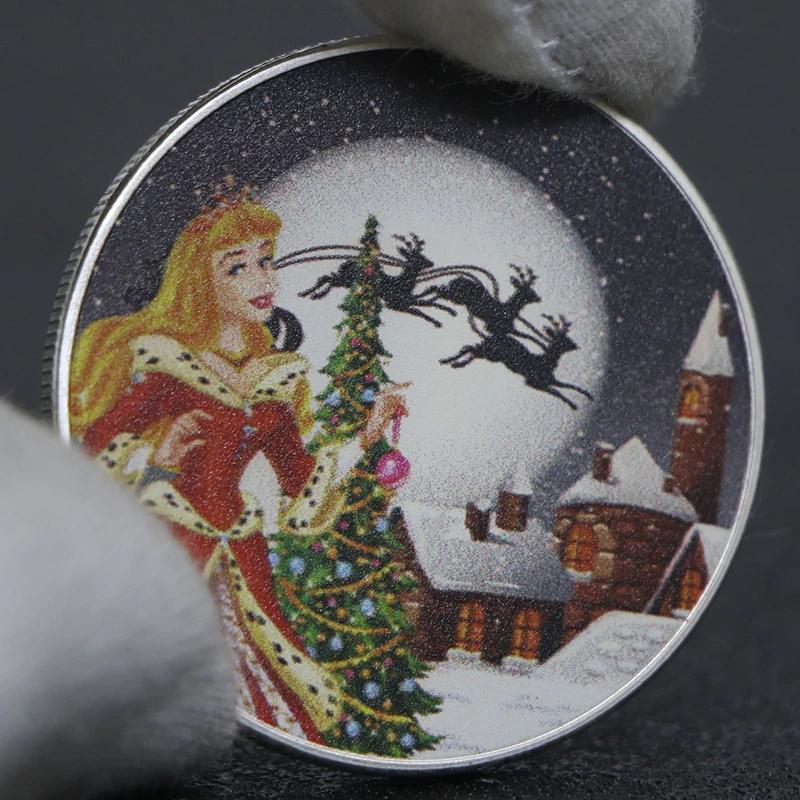 Christmas Princess Silver Plated Commemorative Coin Colored Relief Commemorative Medal Christmas Christmas Bobsleigh Colored Coin