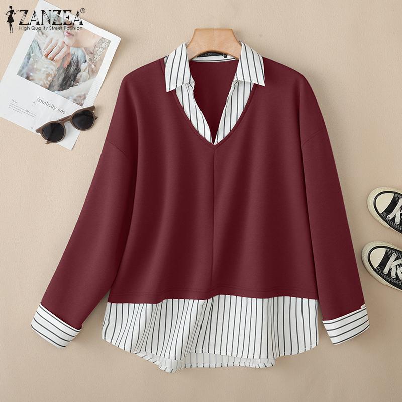 ZANZEA Oversized Women Patchwork Stripe Turn Down Collar Long Sleeve Autumn Thin Sweatshirts