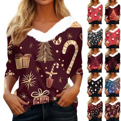 3/4 Sleeve Shirts For Women Christmas Printed Graphic Tees Blouses Casual Plus Size Basic Button Tops Pullover
