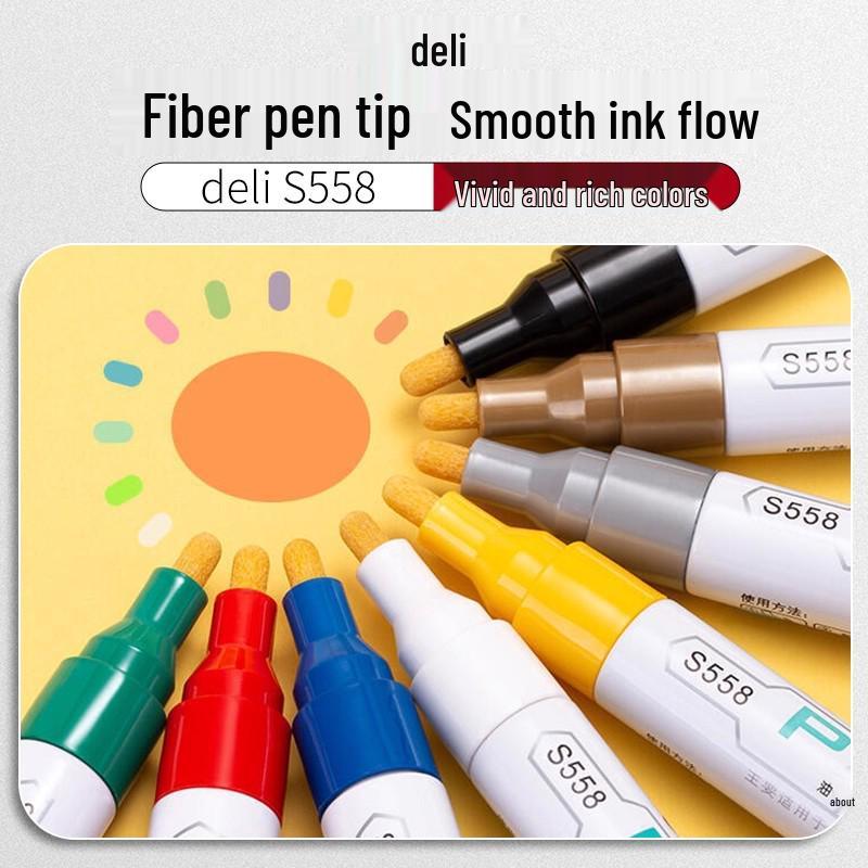 Deli S558 White Paint Pen: Waterproof, Oil-proof, Colorfast Tire and Touch-up Marker for Gold Lettering.
