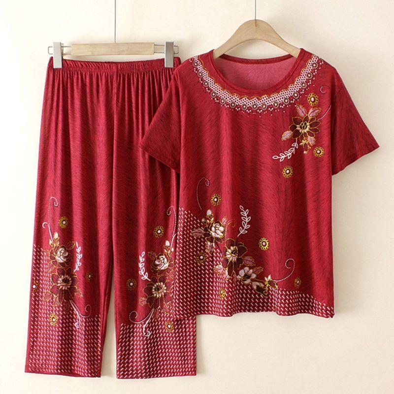 Sommer Kurzarm Outfit für Damen Elegant Viskose Zweiteiler für Mama Oma Stilvoll Dünn Bequem