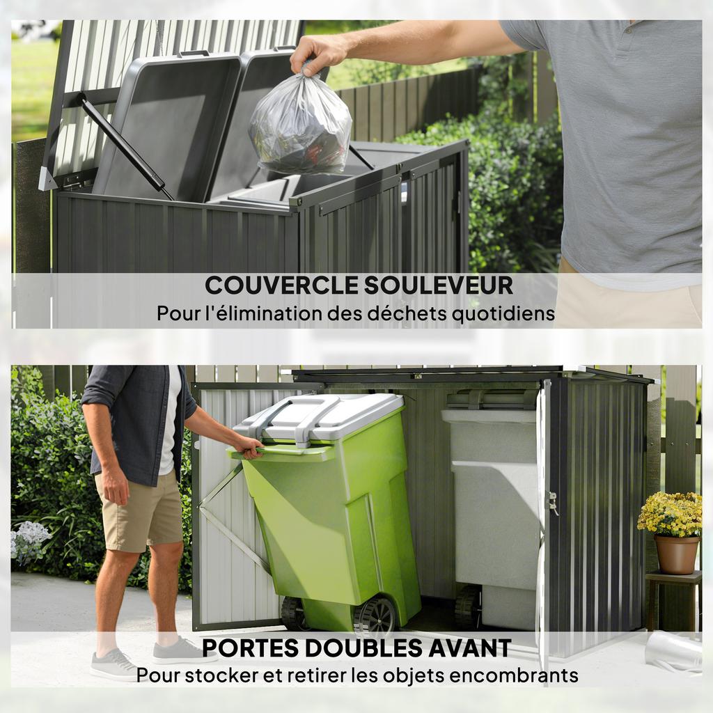 Outdoor Bin Enclosure, 1.2 m2, Galvanized Steel, 2 Bins, Double Door, 150 x 80 x 117 cm, Grey
