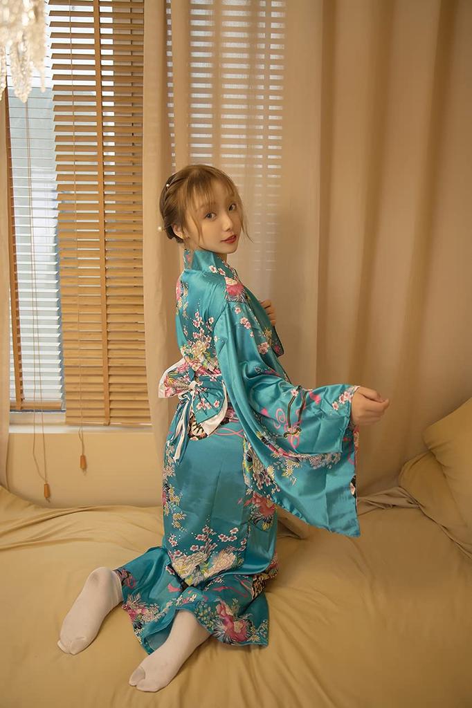 Joel Kimono Robe Dress Floral Pattern Courtesan Costume Satin Yukata Long Length Bathrobe Pajamas Night Dress Summer Festival Dancewear with Belt