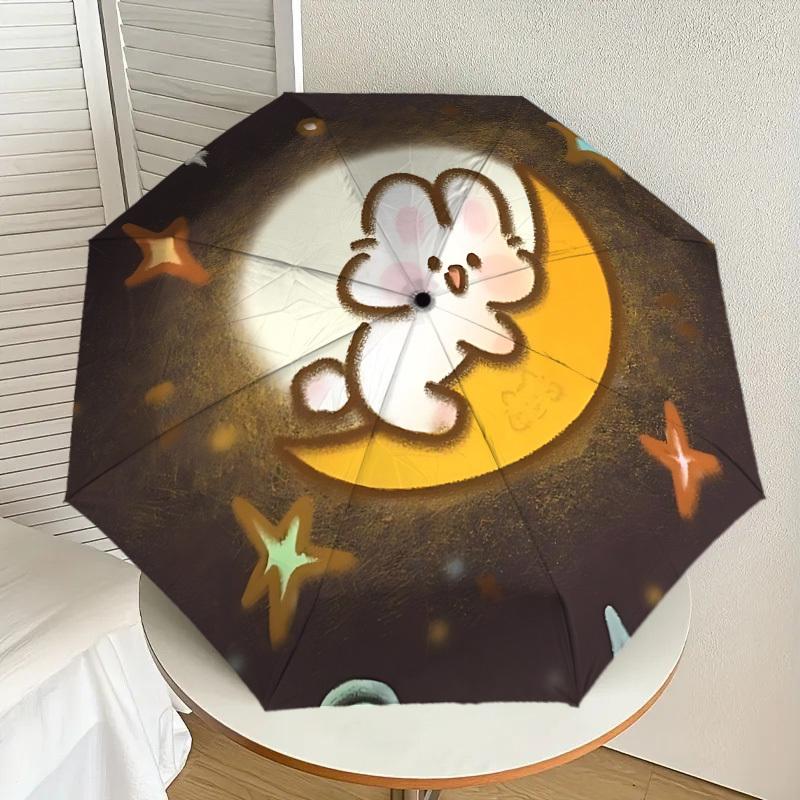 Starry Night Moonlit Adventure: Cute Bunny On the Moon Umbrella - Auto Open/Closed, Outdoor Protection, Lightweight & Durable Travel Accessory 142