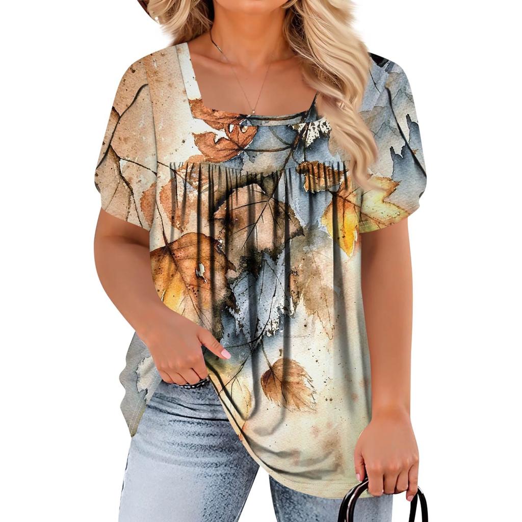 Women's Fashion Casual Printed Square Neck Short Sleeve Large Size T-Shirt Top