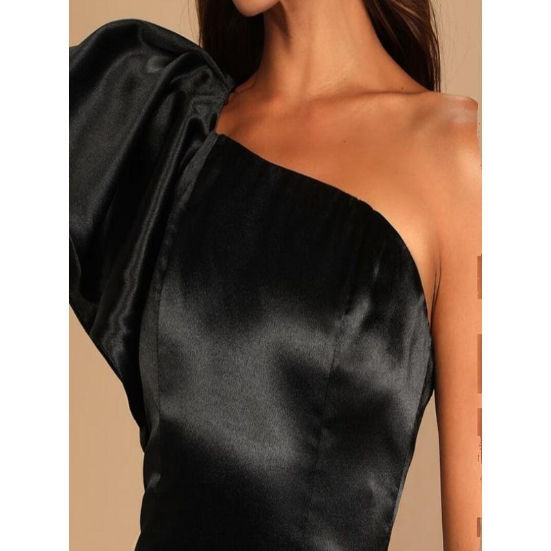 Export Single Lu's Diagonal Collar Puff Short Sleeve Square Collar Expose Clavicle Silm Small Size Dress Short Skirt Dress