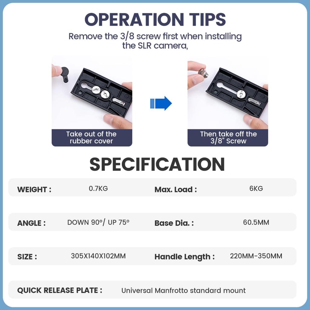 Fotopro Panoramic Fluid Head Drag Pan Head Video Camera Tripod with QR Plate for Vlogging and Live Streaming Video Shooting (MH-6S)