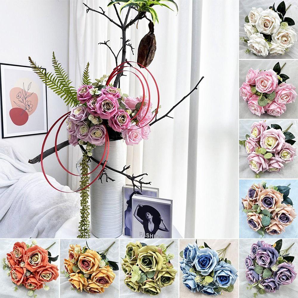 Silk Petal Artificial Flower Rose Multicolor Faux Eucalyptus Leaves  Gift