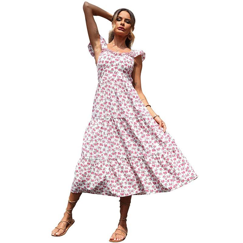 Women Sweet Floral Print Square Neck High Waist Flutter Sleeve Midi A Line Dress