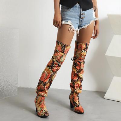 Women's High-heeled Boots, Autumn and Winter New Sexy Thick Heel Printed Knee High Boots
