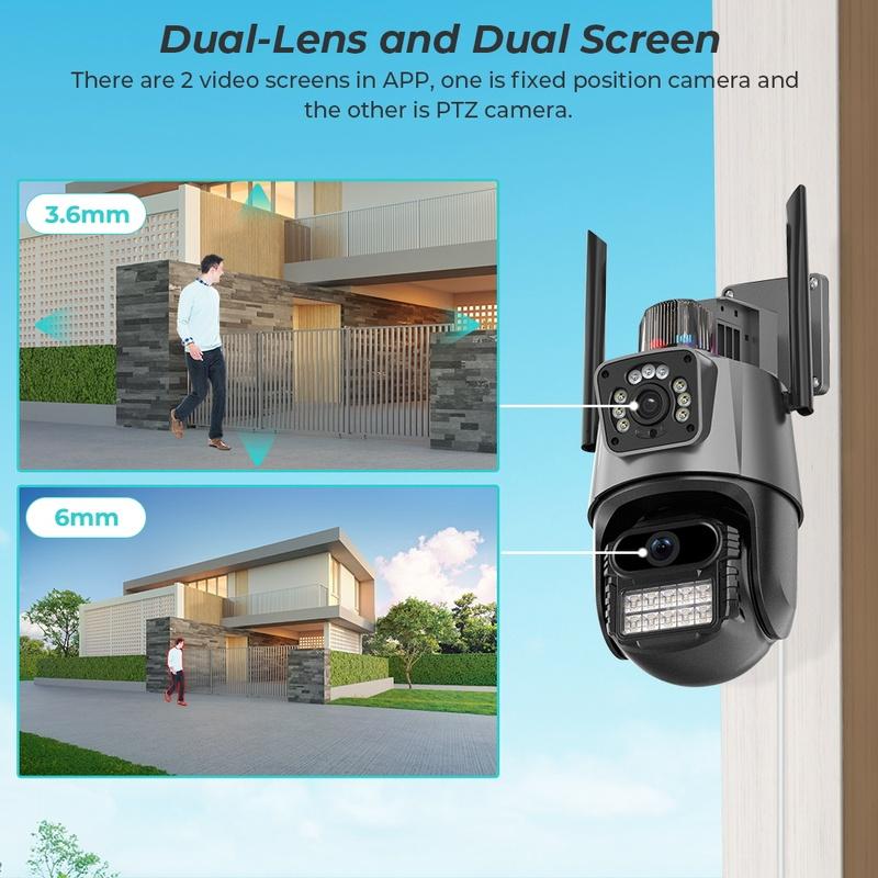 6MP 4K Wifi Security Camera, Dual Lens PTZ Outdoor Waterproof IP Camera with Police Light Alarm