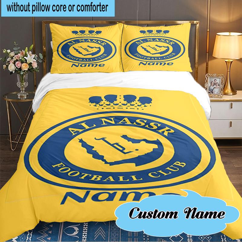 Custom Name Nassr Football Club Crest Bedding Set 3pcs, Bedding Set Including 1pc Duvet Cover And 2pcs Pillowcases for Bedroom, Dormitory Gift