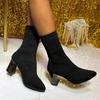 Herbst Neu Übergröße Mode Koreanische Version Spitzgestrickte Elastische Allround-Stiefel Dicke Absätze Skinny Stiefel Hochhackige Damen