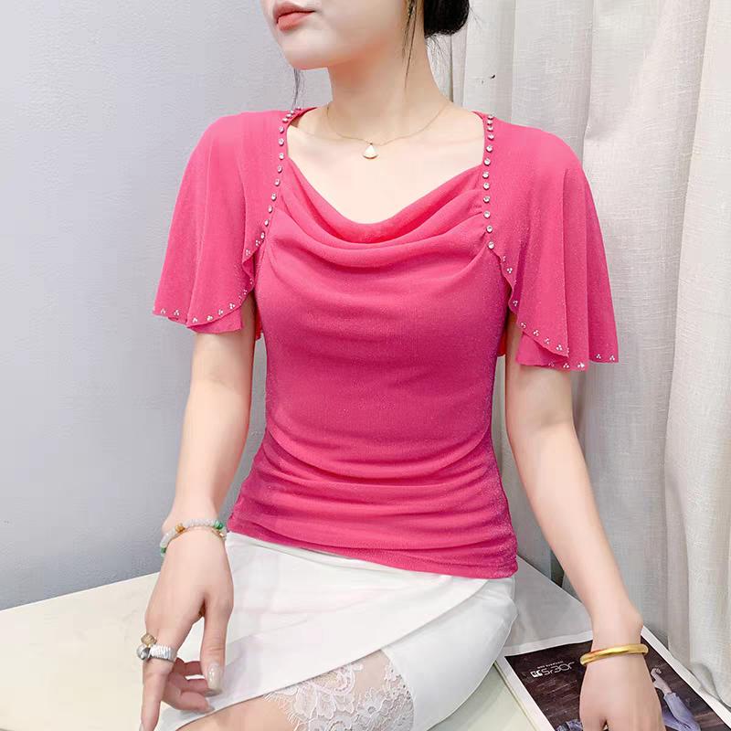 New Fashion Women's Chic Butterfly Sleeve Hot Diamonds Summer T-shirt Sexy Square Neck Slim Mesh Tops Elegant Female Tees