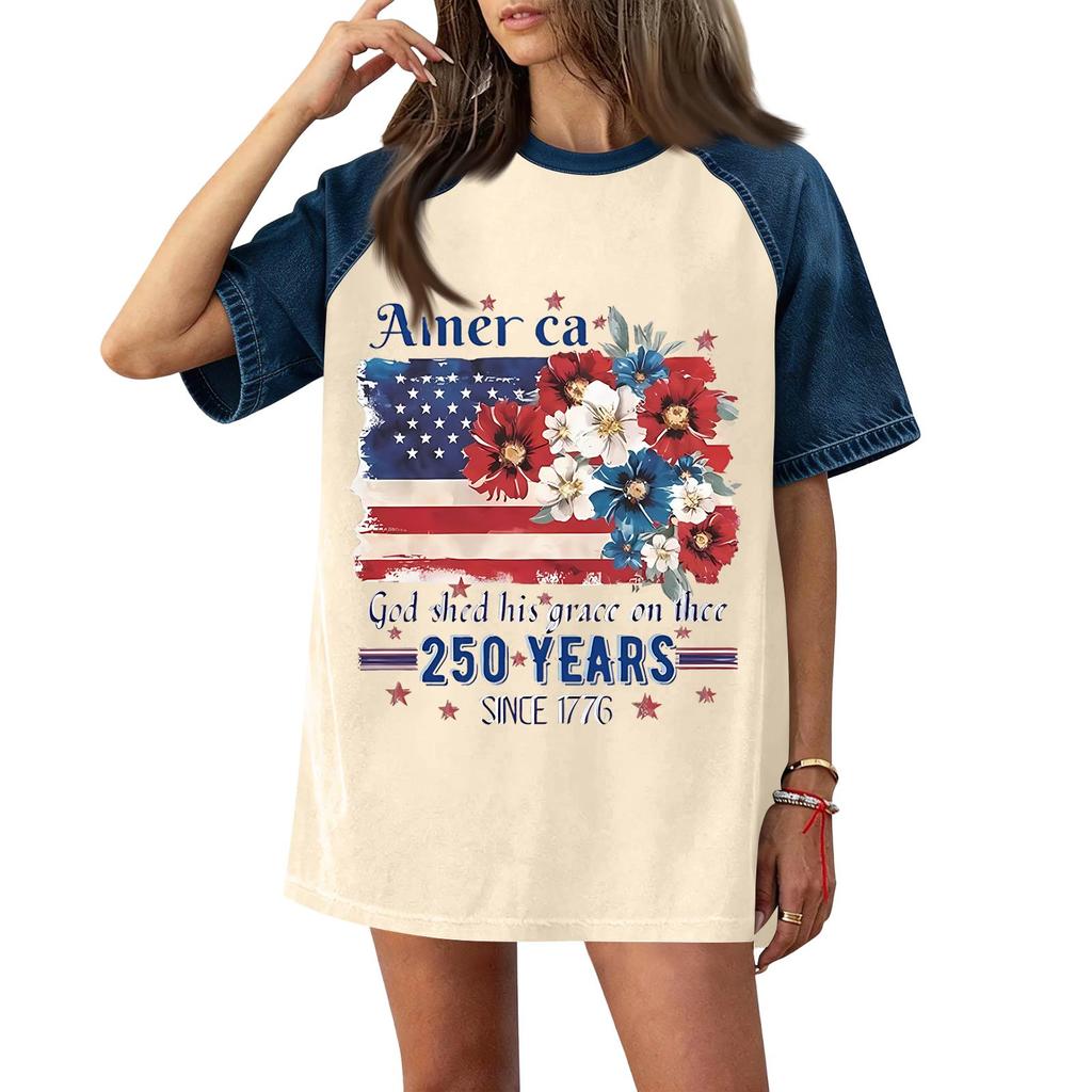 Denim Patchwork Shirts For Women Stand Collar Casual Blouse Short Sleeve Comfy Tshirt Spring Summer Fashion