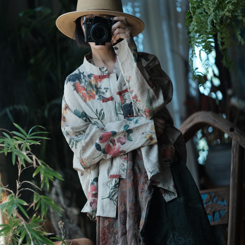 Johnature Women Vintage Patchwork Shirts Button Beige Long Sleeve Stand Blouses Autumn Chinese Style Shirts