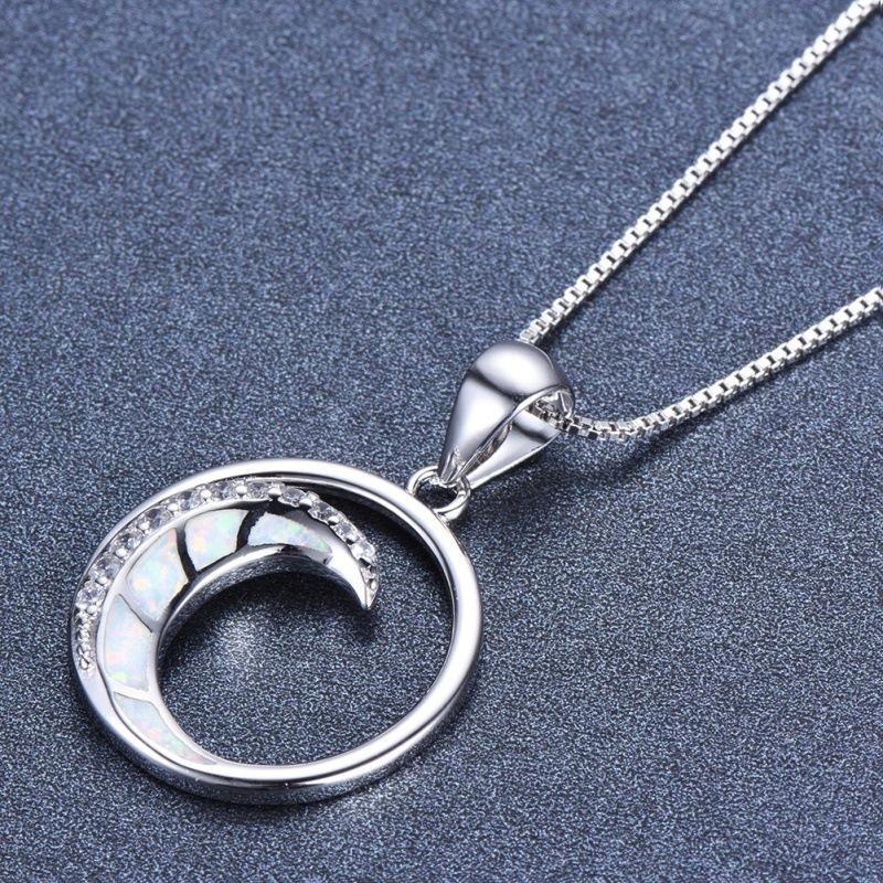 

Hot White Orb with White Diamonds Moon Shaped Glossy Circle Pendant Necklace Stylish Simple Necklace