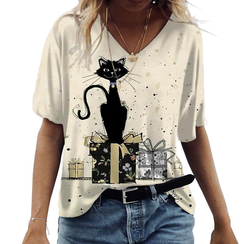 Summer Casual Women's Short Sleeved T-shirt Cat 3D Printed Classic V-neck T-shirt Top