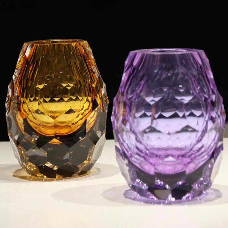 Diamond-cut Facets Glass Vase Brilliant Colors Flowers Pots Desk Decoration Flower Arrangement Floral Vases Room Aesthetic Decor