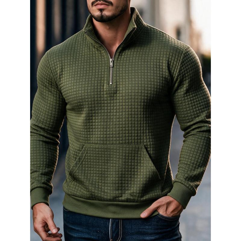 Casual Solid Waffle Half Zip Pocket Long Sleeve Stand Collar Sweatshirt