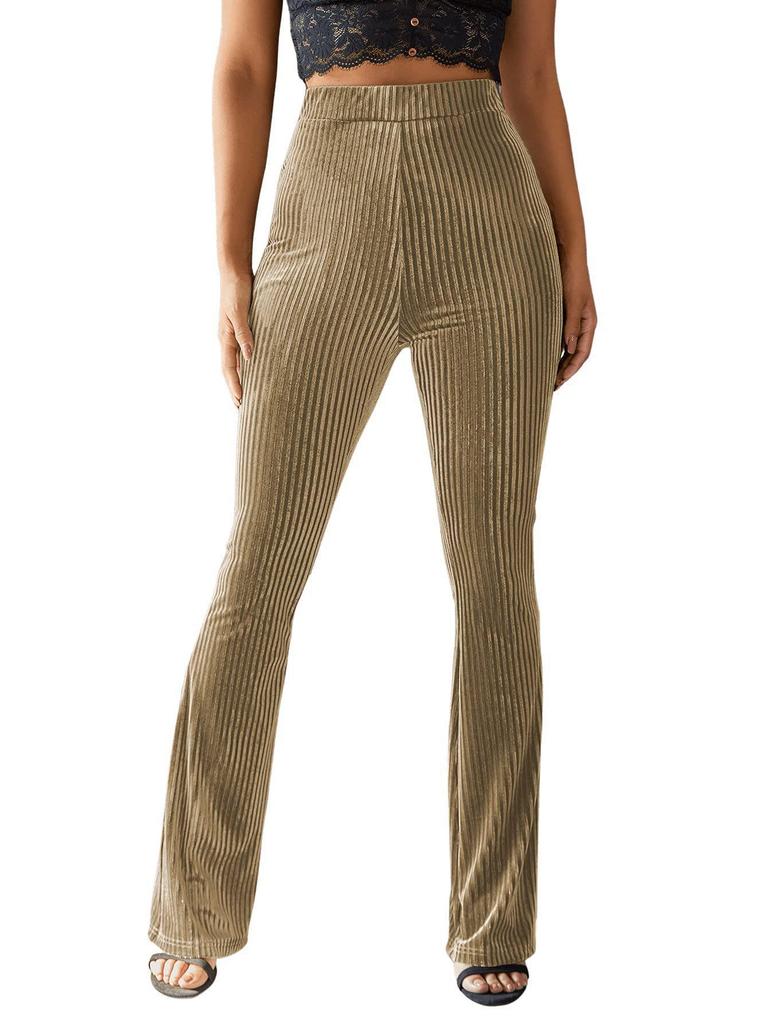 Women's Fashion Sexy High Waist Gold Velvet Ribbed Flared Pants