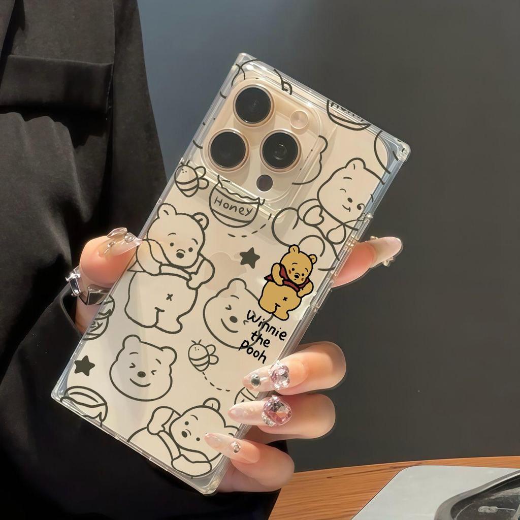 Transparente quadratische Rückseite Röhrenhülle Schutz für iPhone 12 14 Pro Max 16 ProMax 15 Plus 13 11 Anti-Sauerstoff, Winnie Puh Muster
