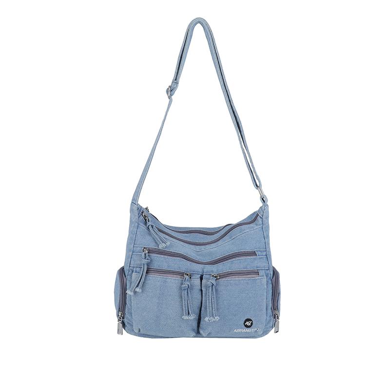Multi Pocket Denim Crossbody Bag Adjustable Strap Large Capacity Casual Shoulder Purse for Women