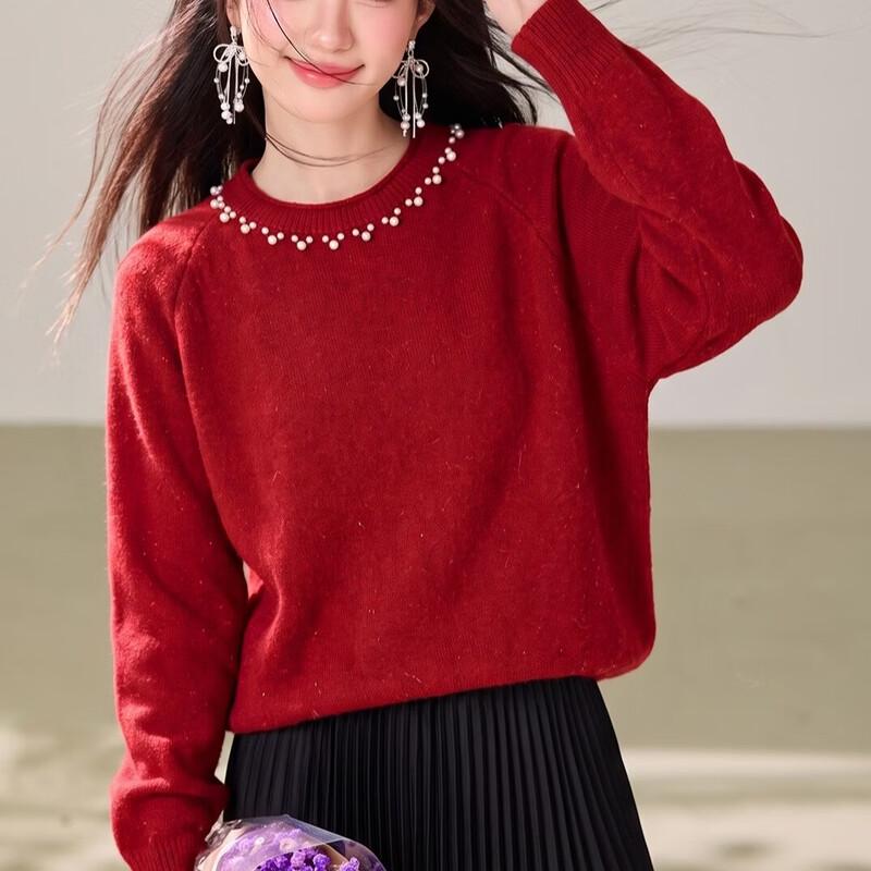 La Chapelle Women's Elegant Pearl-Collar Knitted Sweater