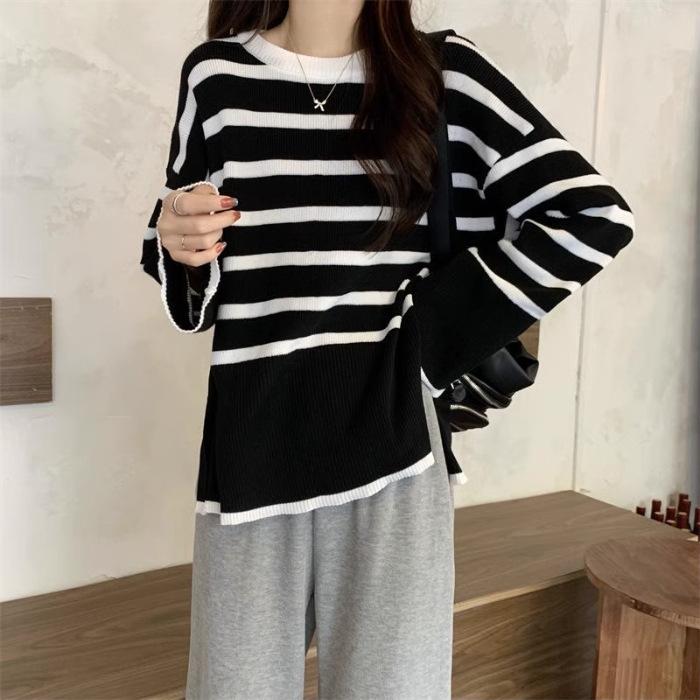 

Дизайнерский ретро-полосатый свитер с длинными рукавами для женщин на весну и осень, новый стиль свитера, свободный топ для похудения для женщин One size
