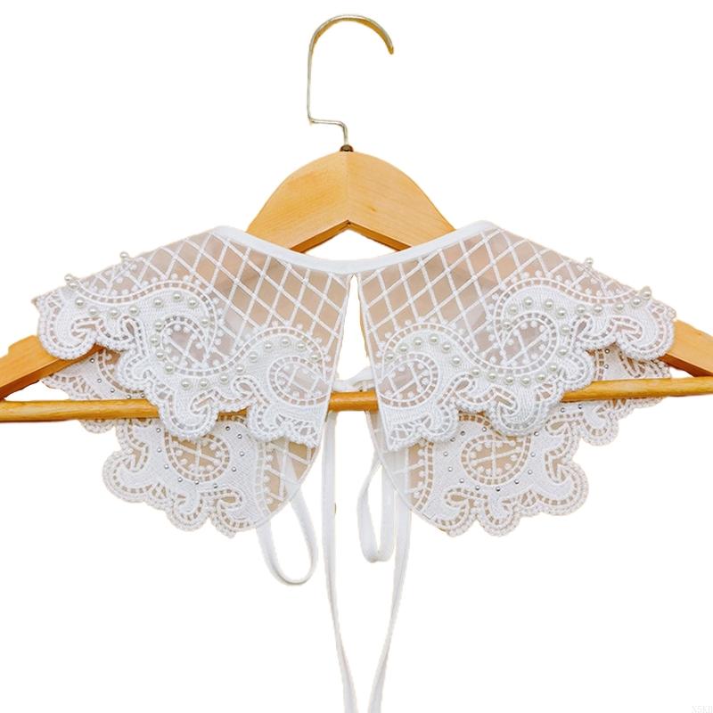 

N5KB Женский винтажный клетчатый кружевной фальшивый воротник-шаль с вышивкой в виде морского узора, жемчужное ожерелье с бусинами, шарф из органзы