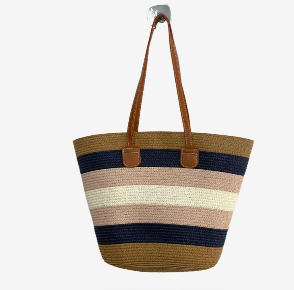 French Striped Straw Tote Bag - Large Capacity for Travel, Vacation, Beach, and Casual Commutes