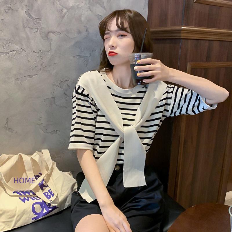 Summer 2024 Women's Fashion: Western-Style Striped Short-Sleeved Shawl T-Shirt