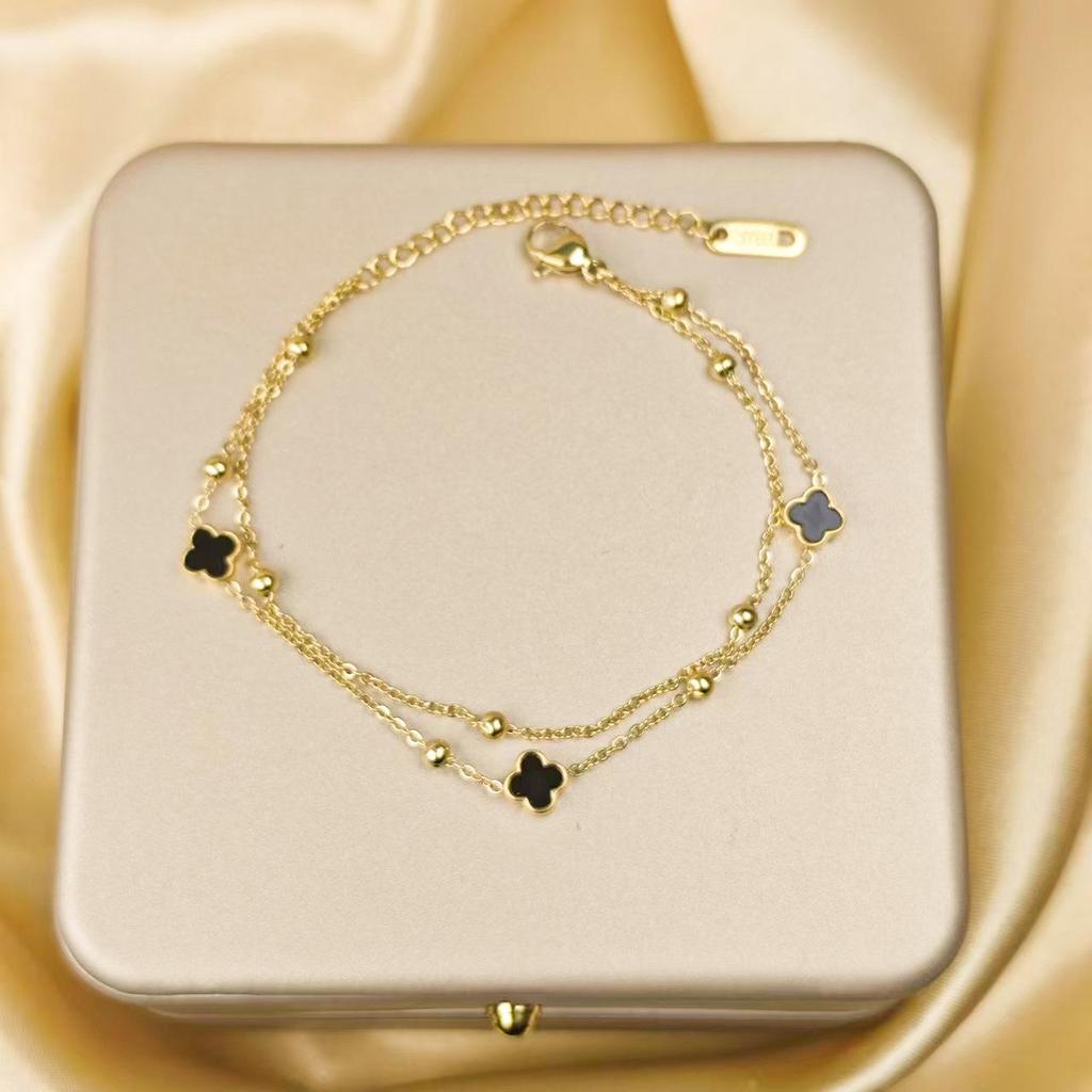 Four-Leaf Clover Double-Layer Titanium Steel Bracelet - Versatile High-End Fashion Jewelry