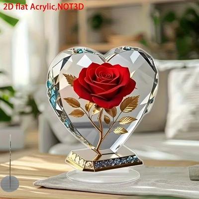 1pcs Acrylic Bohemian Heart Shaped Sculpture Ornament with Red Roses and Gold Accents Elegant Desktop Decora for Home or Office