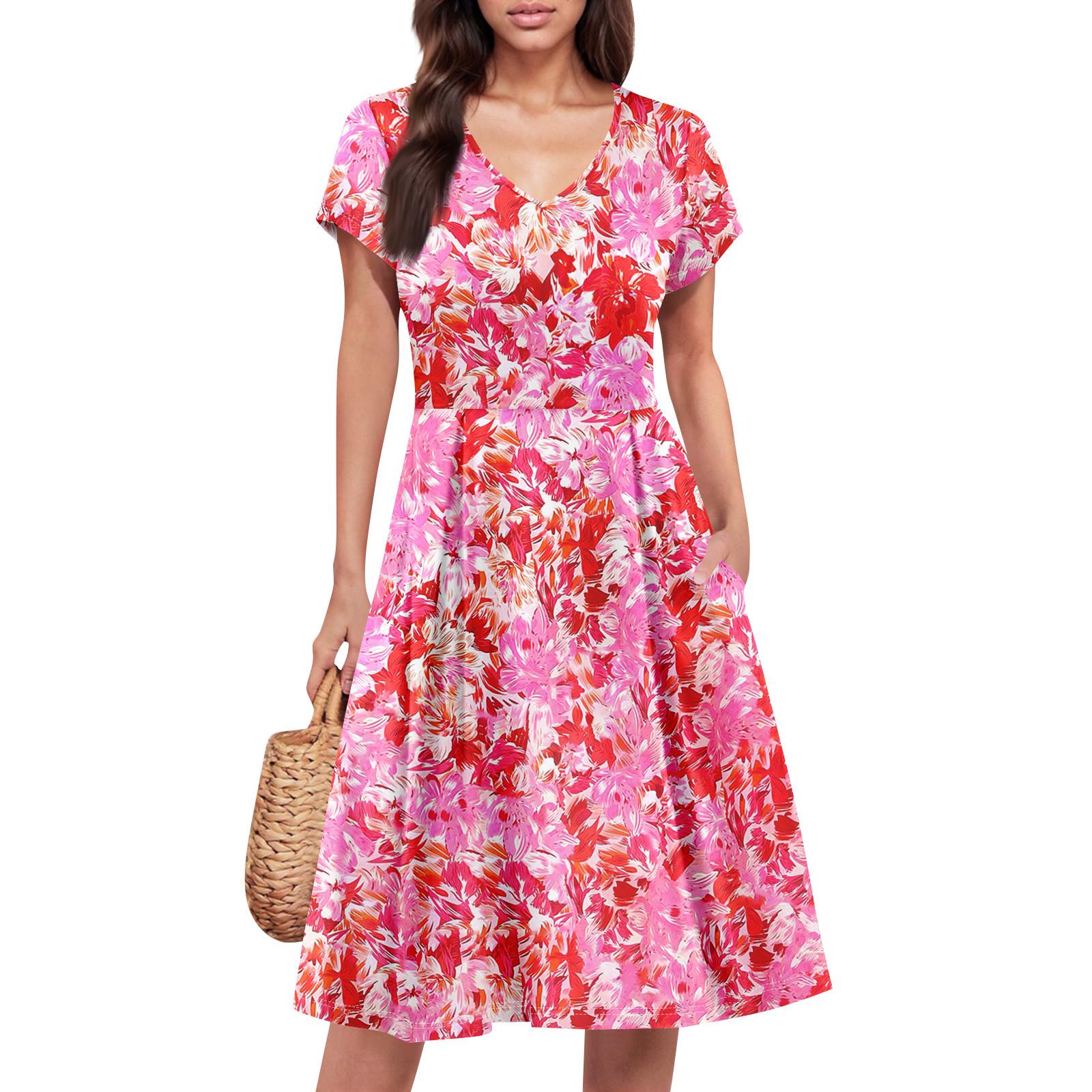 

Женское летнее платье с коротким рукавом, V-образным вырезом, короткое, модное, повседневное, летящее, А-силуэта, платье-сарафан с карманом XL арбуз красный