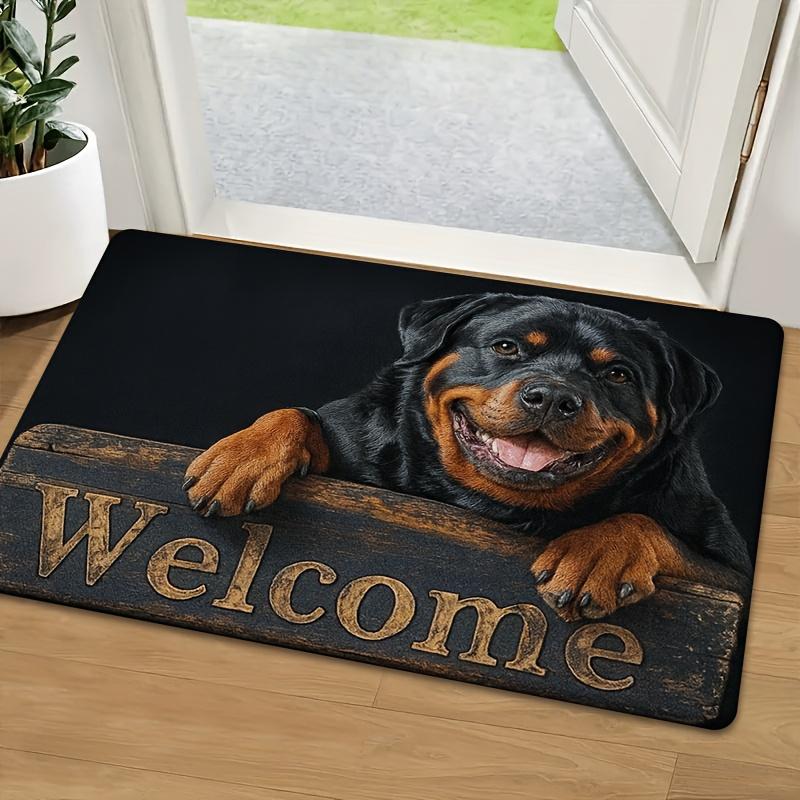 

Dog Welcome Doormat – Friendly Canine Peeking Over Wooden Sign, Soft Fleece & Sponge for Entryway, Kitchen or Living Room 60cm x 90cm