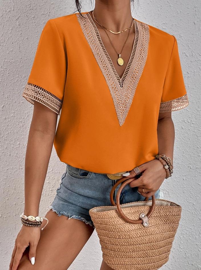 Women's V-Neck Lace Loose Top Temperament Commuter Short Sleeve Shirt Women