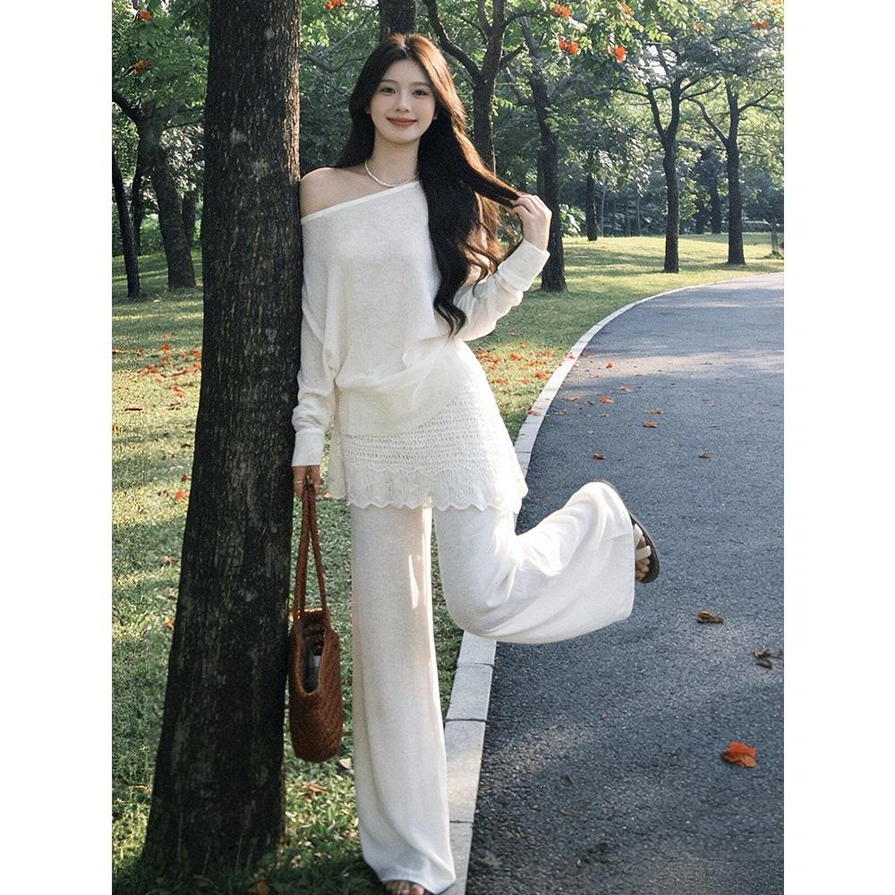 Summer New Off-shoulder Long-sleeved Thin Top Women's Slim Fake Two-piece Wide-leg Pants Fashion Suit