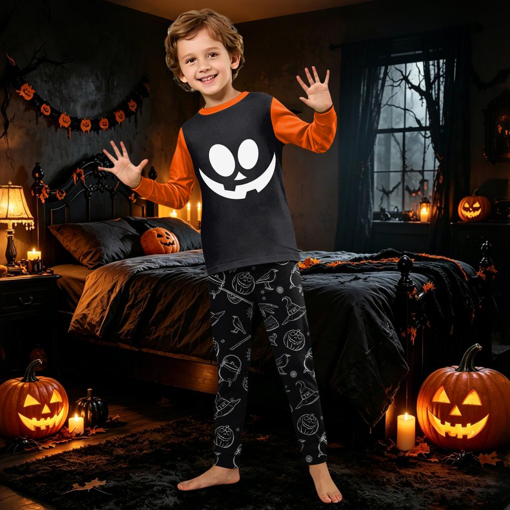 Family Matching Halloween Print Pajama Set Long Sleeve Round Neck Pajamas for Parents and Kids