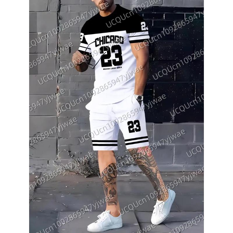 Summer Men's Chicago 23 Print Short Sleeve T-Shirt & Shorts Set Round Neck Gradient Short Sleeved Women's T-shirt Shorts Set