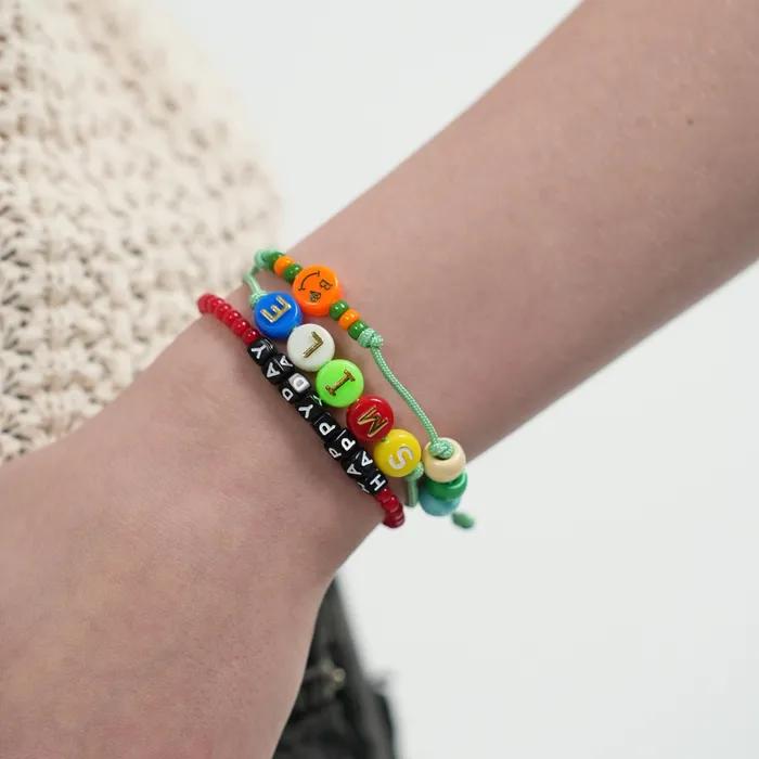 Happy Pop Initial Smile Knot Bracelet Smile Charm Initial Bead Double-Strand Knot Bracelet Thread Bracelet